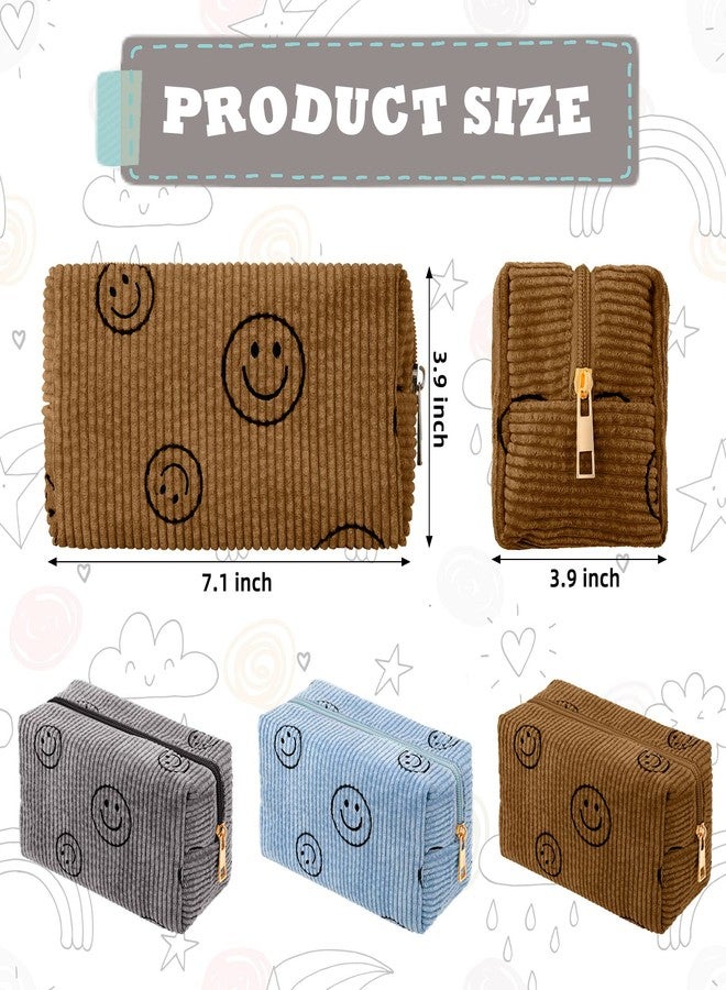Photect 3 Pcs Corduroy Cosmetic Bag Smile Face Aesthetic Preppy Pouch Travel Makeup Bags for Christmas Women Holiday Organizer Gifts(Classic,Blue, Brown, Dark Gray) - Image 2