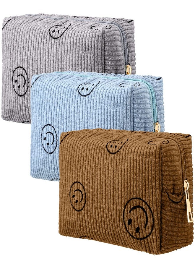 Photect 3 Pcs Corduroy Cosmetic Bag Smile Face Aesthetic Preppy Pouch Travel Makeup Bags for Christmas Women Holiday Organizer Gifts(Classic,Blue, Brown, Dark Gray) - Image 1