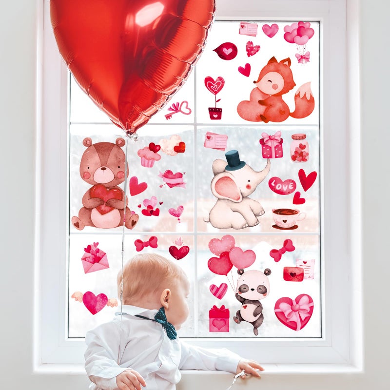 Whaline Valentine's Day Window Clings Watercolor Animal Heart Window Stickers Hello Valentine Double-Side Decals for Wedding Anniversary Party Home School Office Decor  7.9 x 11.8 Inch  9 Sheet - Image 2
