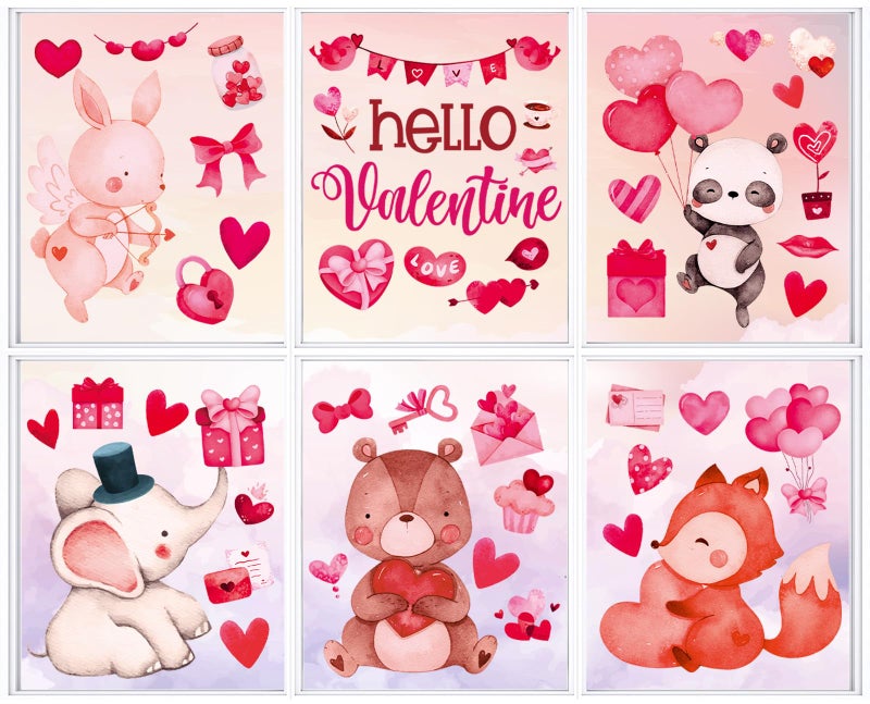 Whaline Valentine's Day Window Clings Watercolor Animal Heart Window Stickers Hello Valentine Double-Side Decals for Wedding Anniversary Party Home School Office Decor  7.9 x 11.8 Inch  9 Sheet - Image 1