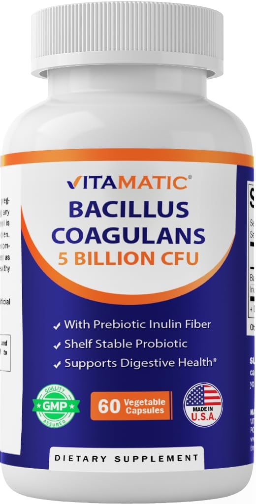 Vitamatic فيتاماتي Bacillus Coagulans مكمل البروبيوتيك المستقر على الرف لتعزيز صحة الجهاز الهضمي 60 كبسولة نباتية يبقى فعالاً أمام أحماض المعدة - Image 1