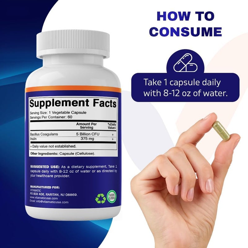Vitamatic فيتاماتي Bacillus Coagulans مكمل البروبيوتيك المستقر على الرف لتعزيز صحة الجهاز الهضمي 60 كبسولة نباتية يبقى فعالاً أمام أحماض المعدة - Image 3