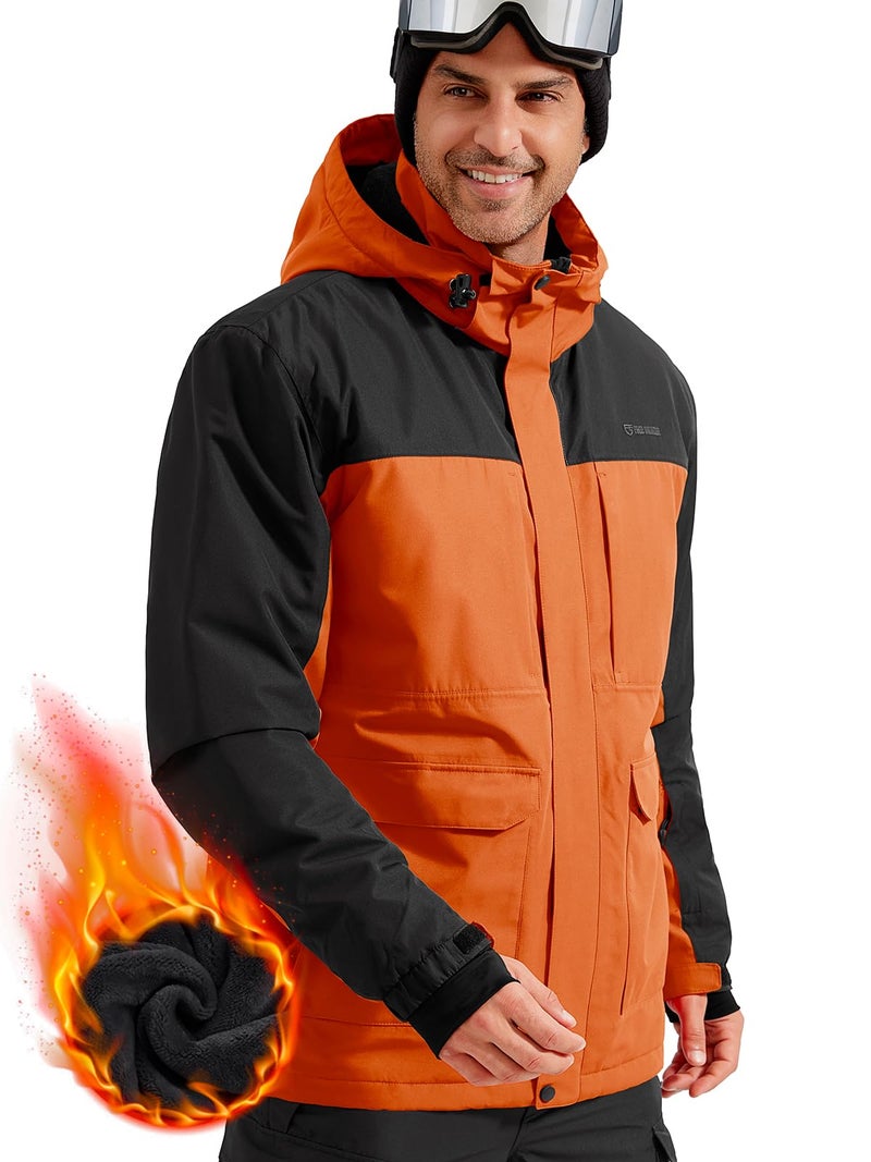 جاكيت تزلج مقاوم للماء للرجال من فري سولجر مبطن بالفليس دافئ شتوي مع غطاء رأس خياطة ملصقة بالكامل برتقالي L