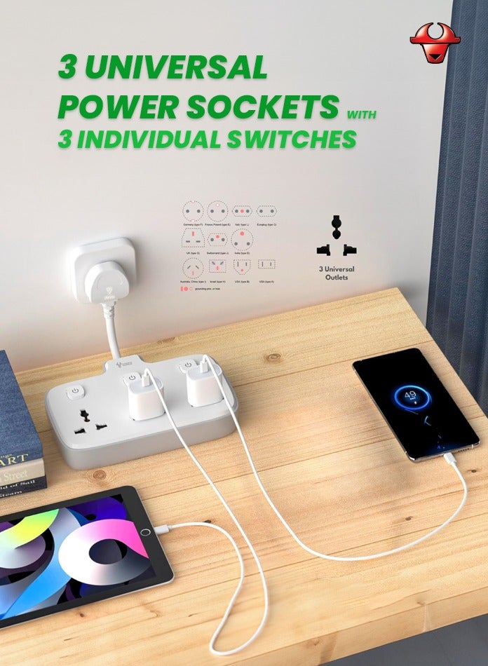 Flexible Extension Board, Individual Switch Power Strip, 3250W 13A Extension Cord with 3 Universal Socket, Surge Protection for Home Office - 3 Switches 3 Outlets