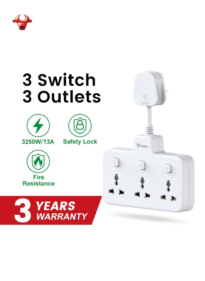 GONEO - Flexible Extension Board, Individual Switch Power Strip, 3250W 13A Extension Cord with 3 Universal Socket, Surge Protection for Home Office - 3 Switches 3 Outlets - Image 1