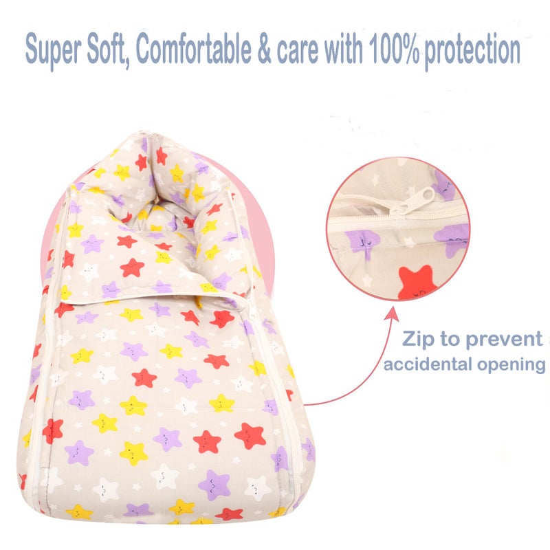 Nonibud Baby Cotton Sleeping Bed Cum Carrying Nest Bag with Storage Bag # Large Size 77 Cms X 40 Cms # 0-9 Months- SkyBlue Star Print (Pink Stars New) - Image 4