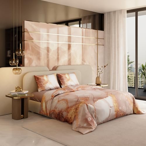 Stoa Paris 300TC UltraSatin King Size Comforter Set with Bedsheet & 2 Pillow Covers, Hypoallergenic, Year-Round Use, Wrinkle & Fade Resistant, Wedding Gift for Couples, Louvre - Champagne, Gold - Image 1