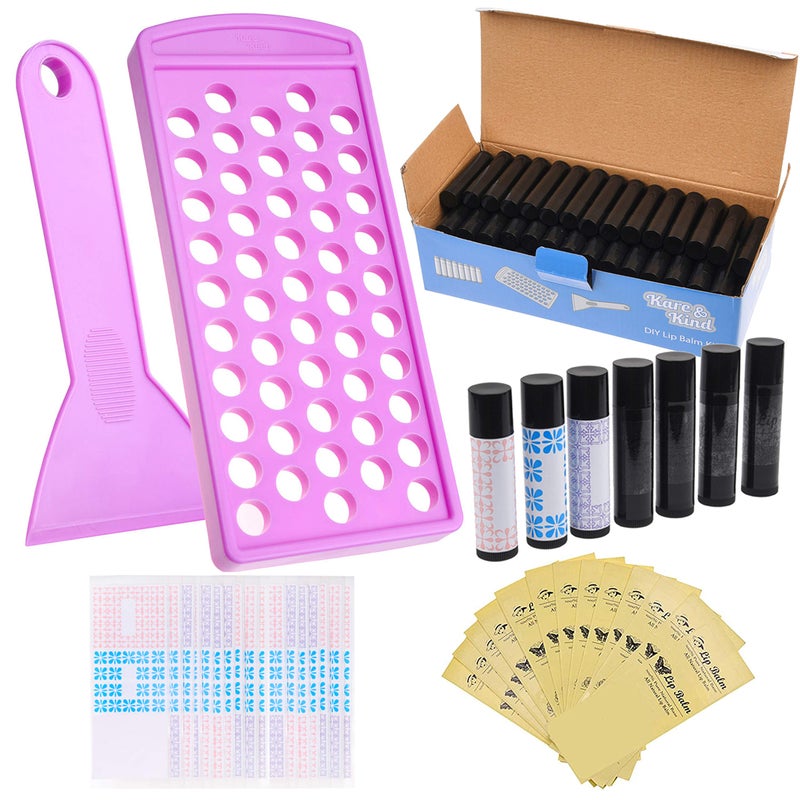 Kare Kind Kare & Kind Lip Ba lm Filling Tray Kit - 1x Filling Tray, 1x Spatula, 50x Lip Balm Tubes (Black), 50x Writable Sticker (3 colors), 50 Printed Stickers (Transparent) - DIY Homemade Lip Balm - Image 1