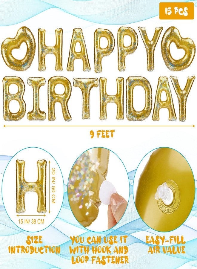 Minatee 15 Pcs Happy Birthday Pool Float Inflatable Letter Heart Pool Party Float Combo Large 20'' Letter Balloons Float Decoration Water Swimming Pool Beach Toys with 40 Pcs Adhesive Dots for Party (Gold) - Image 2