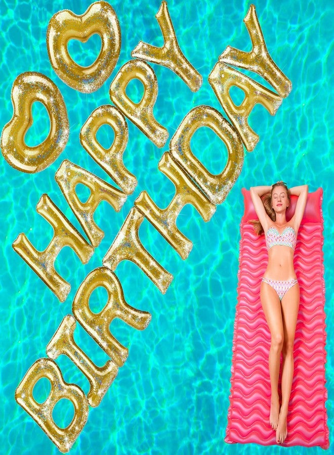 Minatee 15 Pcs Happy Birthday Pool Float Inflatable Letter Heart Pool Party Float Combo Large 20'' Letter Balloons Float Decoration Water Swimming Pool Beach Toys with 40 Pcs Adhesive Dots for Party (Gold) - Image 1