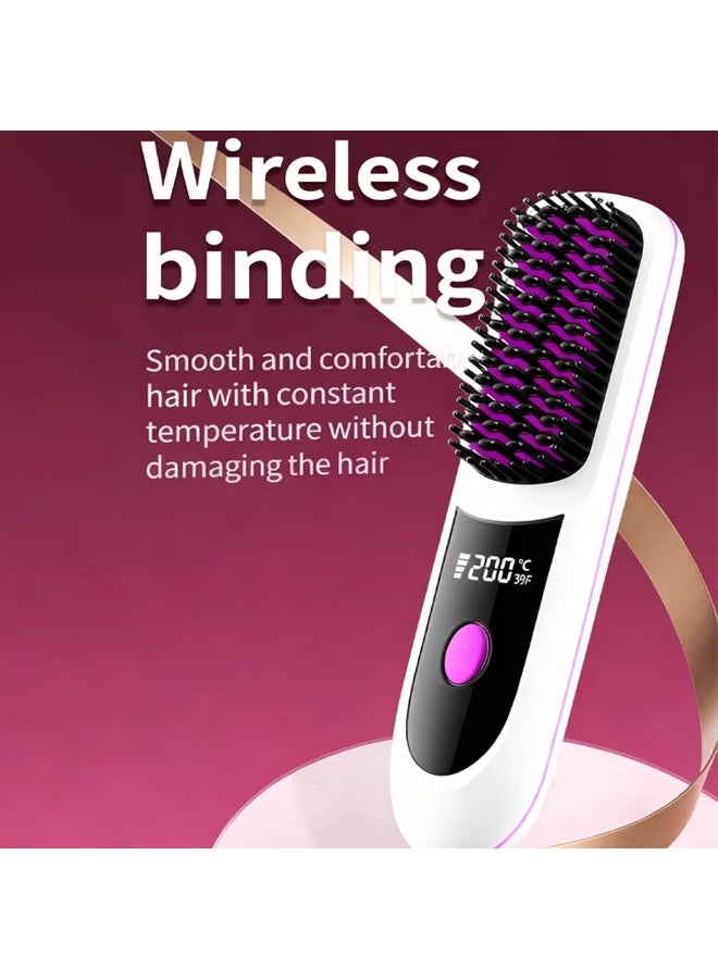 Cordless Hair Straightener Brush with Charging Stand, Portable USB Rechargeable Straightening Comb with Fast 20-Second Heating, Anti-Scald & Keratin Coating for Smooth, Frizz-Free Hair On the Go, White - Image 3