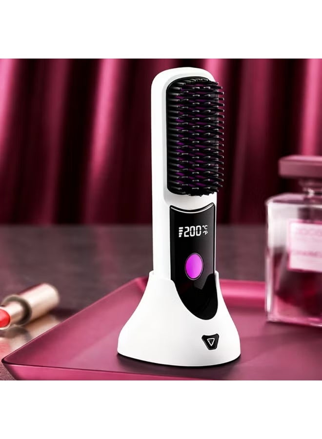 Cordless Hair Straightener Brush with Charging Stand, Portable USB Rechargeable Straightening Comb with Fast 20-Second Heating, Anti-Scald & Keratin Coating for Smooth, Frizz-Free Hair On the Go, White - Image 1