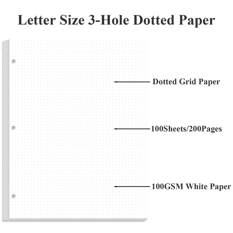 Yaridar 3-Hole Dotted Paper Refills, Letter Size 100Sheets / 200Pages Loose-Leaf Paper, 100gsm, White, 8.5'' x 11'' - Image 2