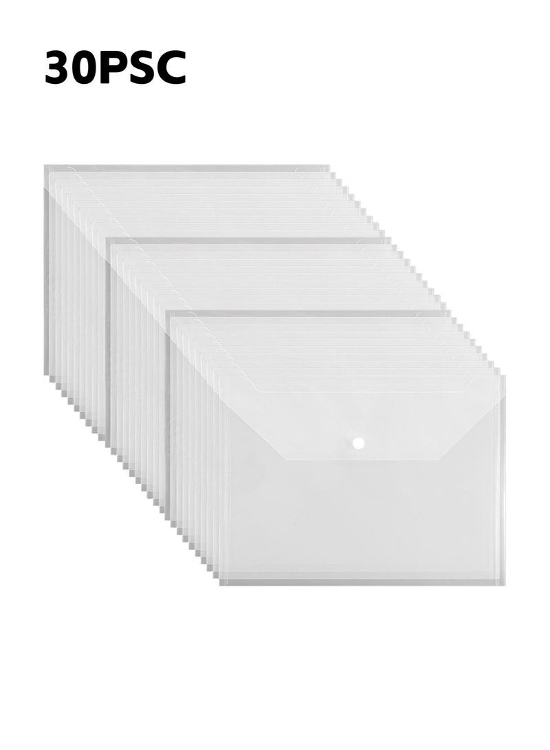 30 Pieces A4 Document Bags with Snap Button Closure, Clear Plastic Poly Envelopes Organizers, Waterproof Transparent File Folder Bags for Office, Home, School, Stationery - Image 1