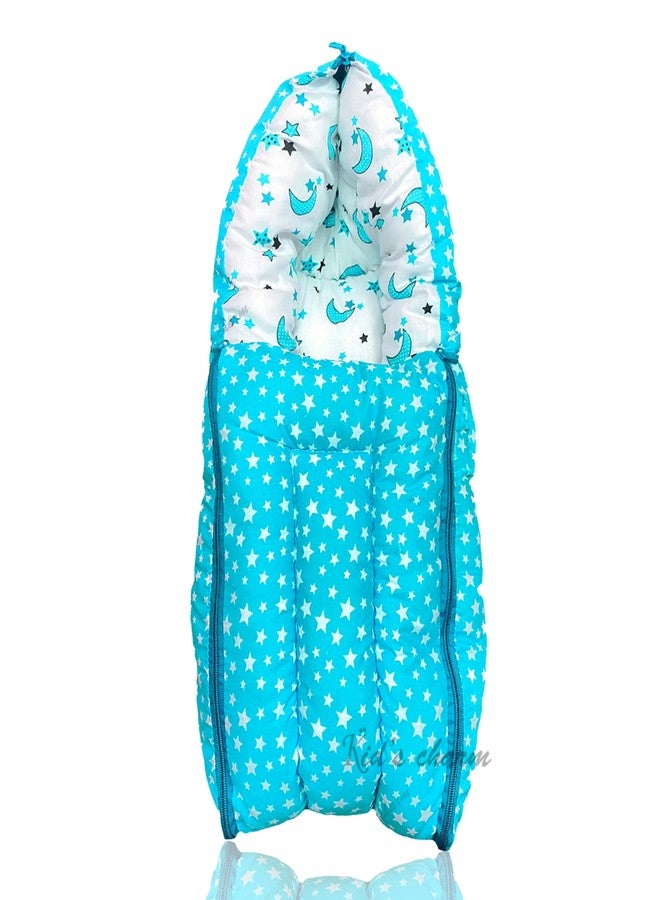Kid's Charm سرير أطفال قطني 3 في 1 من كيدز تشارم بتصميم القمر والنجمة، قابل للطي، مع كيس نوم مطبوع للأطفال الرضع، سهل الحمل، خفيف الوزن، مناسب للجنسين، للأطفال حديثي الولادة من عمر 0 إلى 4 أشهر (أزرق). - Image 1