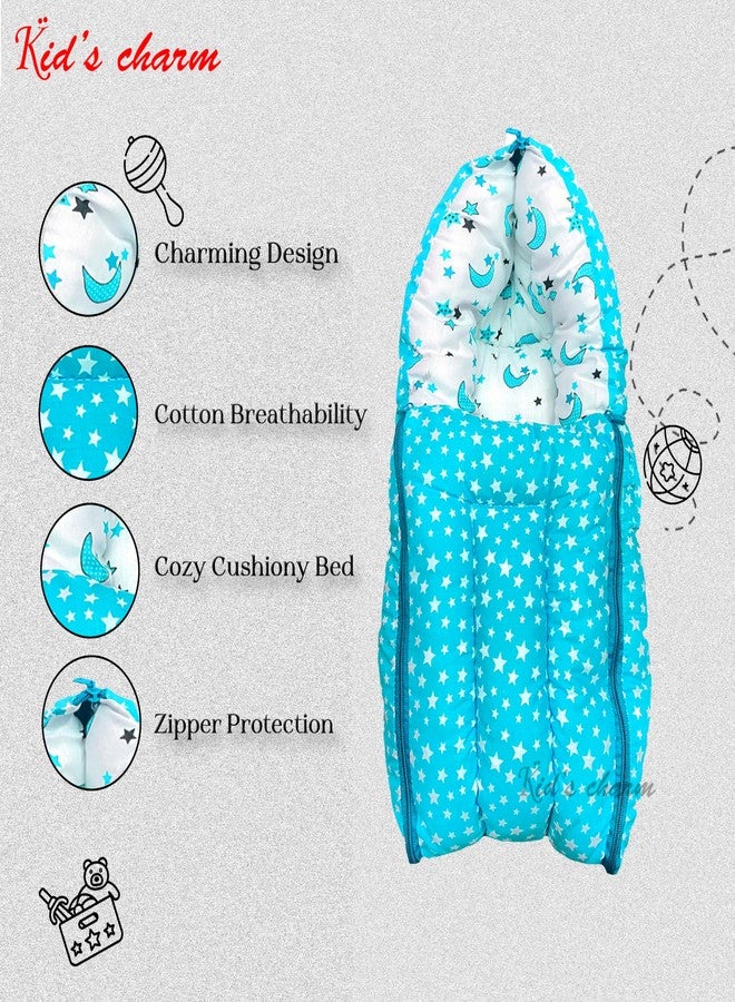 Kid's Charm سرير أطفال قطني 3 في 1 من كيدز تشارم بتصميم القمر والنجمة، قابل للطي، مع كيس نوم مطبوع للأطفال الرضع، سهل الحمل، خفيف الوزن، مناسب للجنسين، للأطفال حديثي الولادة من عمر 0 إلى 4 أشهر (أزرق). - Image 4