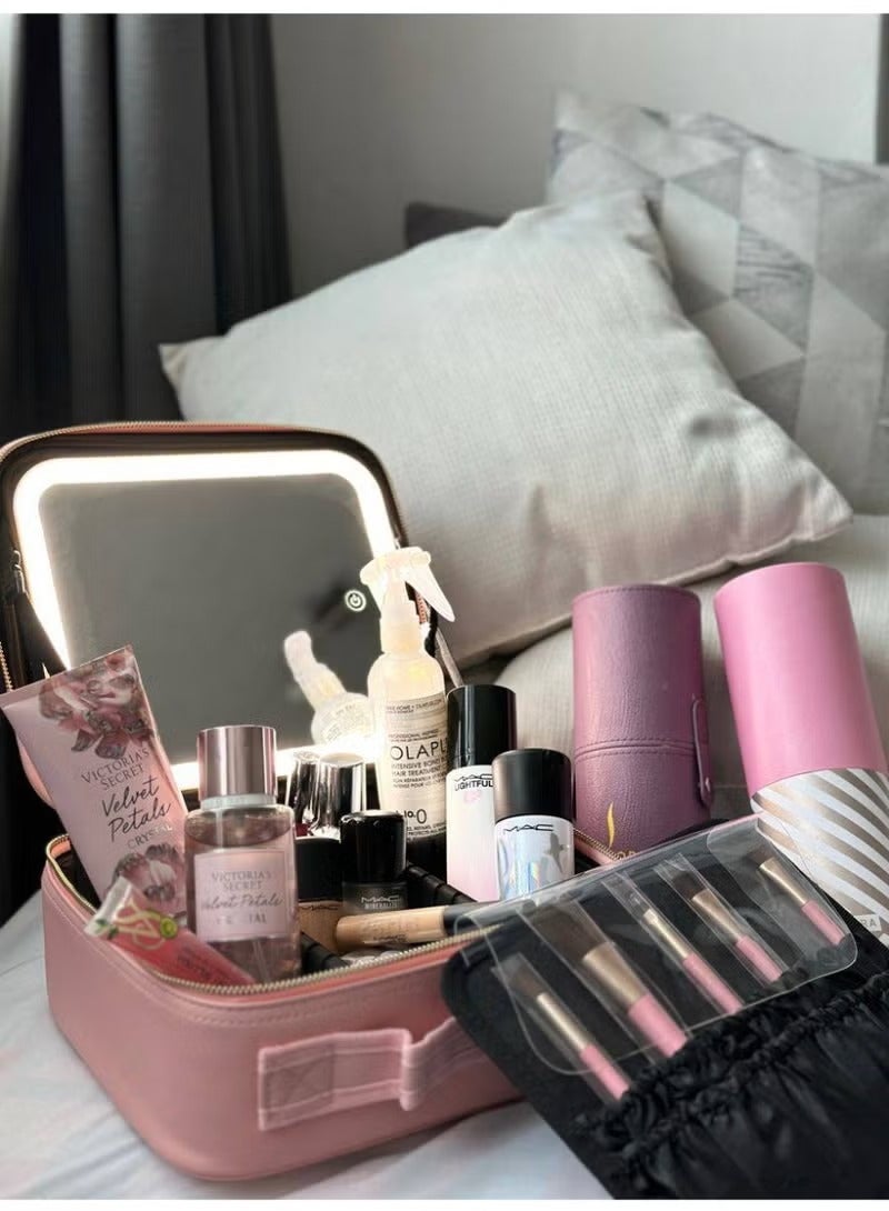 Portable Travel Cosmetic Bag with Storage Space Organizer with Adjustable Dividers for Makeup Brushes Jewelry Accessories - Pink - Image 2