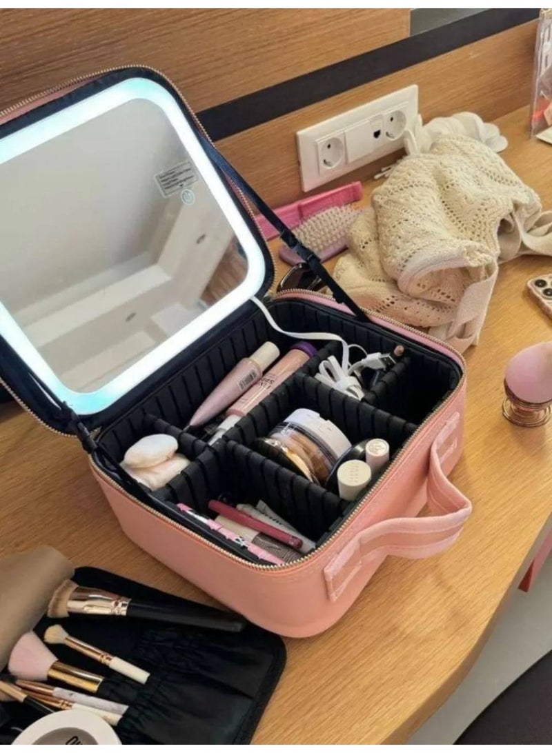 Portable Travel Cosmetic Bag with Storage Space Organizer with Adjustable Dividers for Makeup Brushes Jewelry Accessories - Pink - Image 5