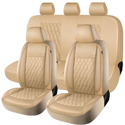 CAROMOP Faux Leather Car Seat Covers Full Set,Luxury and Comfortable Covers for Cars,Split Bench Compatible Car Interior Covers,Universal Fit for Suvs,Vans,Trucks,Airbag Compatible(5-Seat Beige) - Image 1