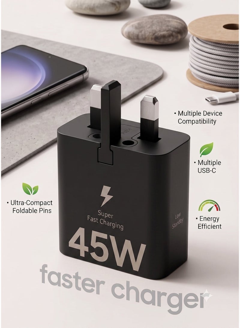 جون بولز شاحن جداري فائق السرعة بقوة 45 واط بمنفذ USB-C، مزود بقابس ثلاثي الأطراف، متوافق مع هواتف سامسونج جالاكسي S25 ألترا/S25+/S25، وS24 ألترا، وسلسلة S23، والهواتف الذكية والأجهزة اللوحية التي تعمل بنظام أندرويد، بالإضافة إلى أجهزة USB-C. - Image 1