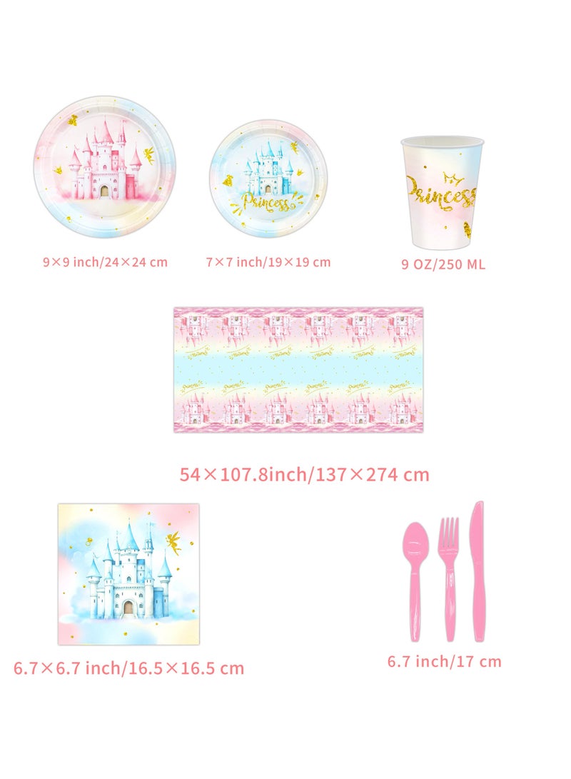 81 PCS Princess Castle Disposable Tableware Set Serves 10, Pink Blue Gold Paper Plates Cups Napkins Tablecloth Cutlery, Girls Birthday, Eid, Baby Shower, Princess Theme Party Supplies - Image 4