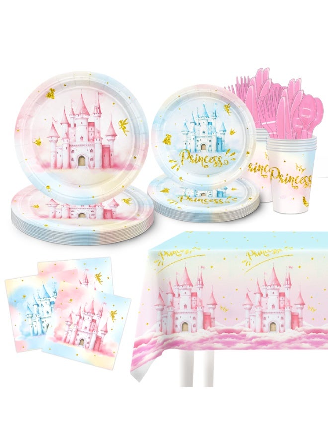 81 PCS Princess Castle Disposable Tableware Set Serves 10, Pink Blue Gold Paper Plates Cups Napkins Tablecloth Cutlery, Girls Birthday, Eid, Baby Shower, Princess Theme Party Supplies - Image 2