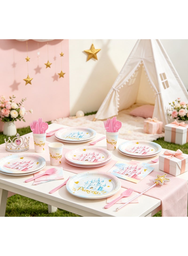 81 PCS Princess Castle Disposable Tableware Set Serves 10, Pink Blue Gold Paper Plates Cups Napkins Tablecloth Cutlery, Girls Birthday, Eid, Baby Shower, Princess Theme Party Supplies - Image 5