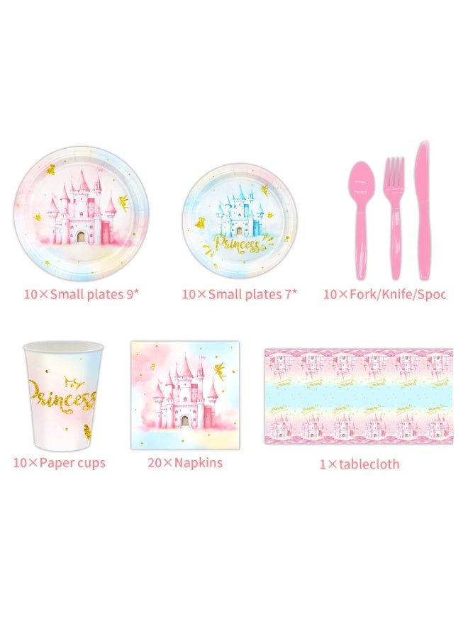 81 PCS Princess Castle Disposable Tableware Set Serves 10, Pink Blue Gold Paper Plates Cups Napkins Tablecloth Cutlery, Girls Birthday, Eid, Baby Shower, Princess Theme Party Supplies - Image 3