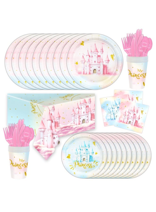 81 PCS Princess Castle Disposable Tableware Set Serves 10, Pink Blue Gold Paper Plates Cups Napkins Tablecloth Cutlery, Girls Birthday, Eid, Baby Shower, Princess Theme Party Supplies - Image 1