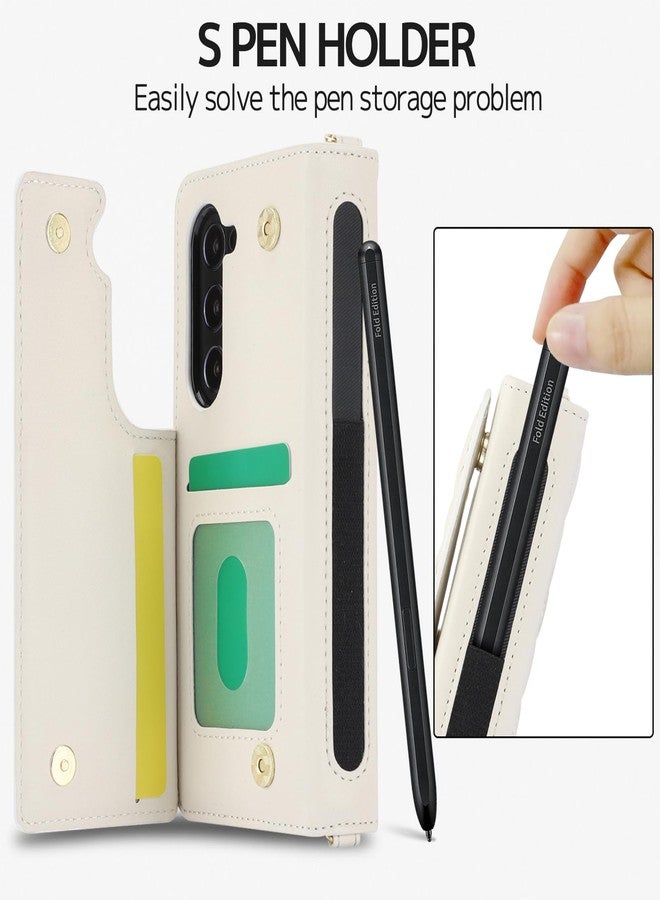 NINKI Compatible for Samsung Galaxy Z Fold 6 Wallet Case with S Pen Holder,4 Card Holder & Strap Flip Stand Leather Case for Samsung Z Fold 6 Case for Samsung Galaxy Z Fold 6 5G Phone Case Women White - Image 3