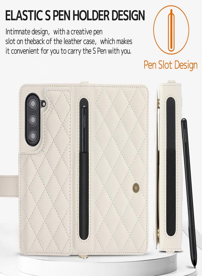 NINKI Compatible for Samsung Galaxy Z Fold 6 Wallet Case with S Pen Holder,4 Card Holder & Strap Flip Stand Leather Case for Samsung Z Fold 6 Case for Samsung Galaxy Z Fold 6 5G Phone Case Women White - Image 4