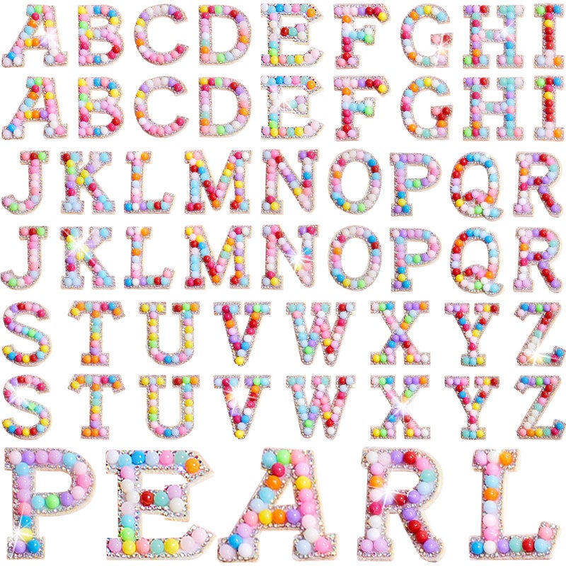 Canlierr 52 Pcs Self Adhesive Pearl Rhinestone Letter Patches Rhinestone Az Glitter Pearl Sew on Patches Bling Letter Sticker Appliques Fabric Craft for DIY Clothes Bags HatsCute Style