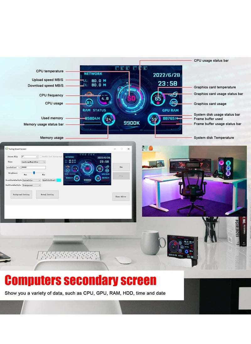 Generic - 3.5 inch IPS USB Mini Screen AIDA64 PC CPU RAM HDD Temp Monitor Portable, Mini Monitor Sensor Panel Temperature Display Type C Sub Screen - Image 1