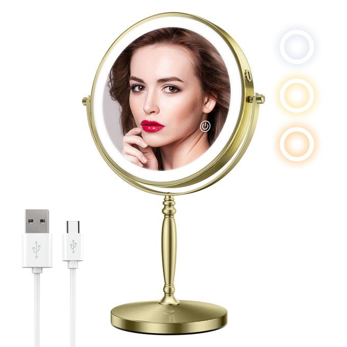 8 MAKEUP MIRROR WITH LIGHTS 1X10X MAGNIFYING RECHARGEBLE DOUBLE SIDED STANDING VANITY MIRRORS WITH 360ROTATION3 COLORS BRIGHTNESS ADJUSTABLETOUCH SENSOR DIMMINGGOLD
