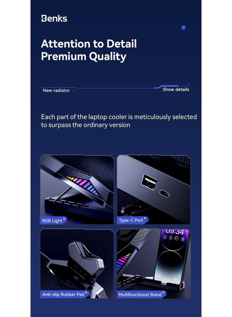 Benks SR08 Laptop Cooling Bracket with Powerful Turbine Fan, 4600 RPM, RGB Lighting, USB Port, Phone holder - Image 2