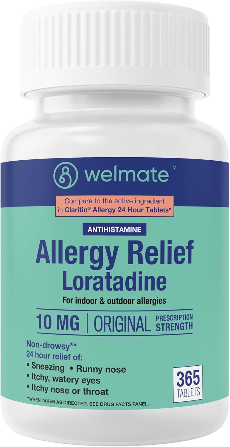 WELMATE  Allergy Relief  Loratadine 10 mg  24 Hour Relief Antihistamine  Non Drowsy  Runny Nose  Sneezing  Itchy Nose  Throat  Watery Eyes  Indoor  Outdoor Allergy Medication  365 Count - Image 1