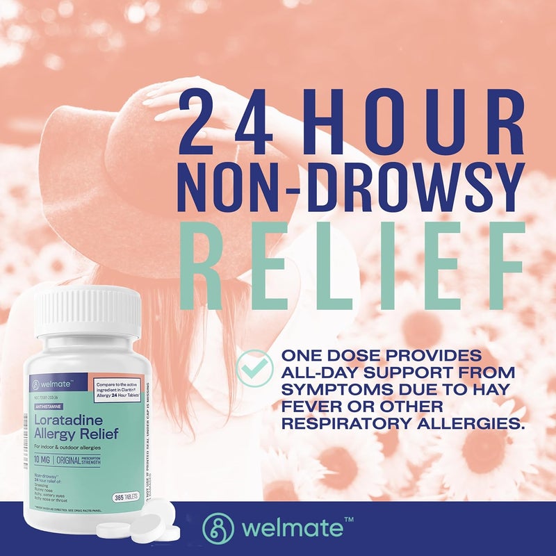 WELMATE  Allergy Relief  Loratadine 10 mg  24 Hour Relief Antihistamine  Non Drowsy  Runny Nose  Sneezing  Itchy Nose  Throat  Watery Eyes  Indoor  Outdoor Allergy Medication  365 Count - Image 3
