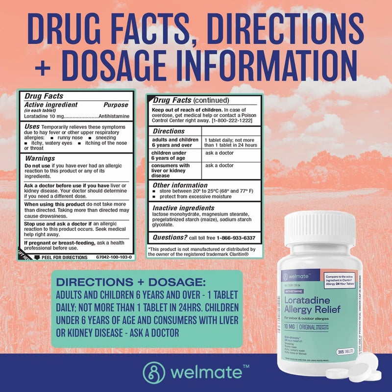 WELMATE  Allergy Relief  Loratadine 10 mg  24 Hour Relief Antihistamine  Non Drowsy  Runny Nose  Sneezing  Itchy Nose  Throat  Watery Eyes  Indoor  Outdoor Allergy Medication  365 Count - Image 5