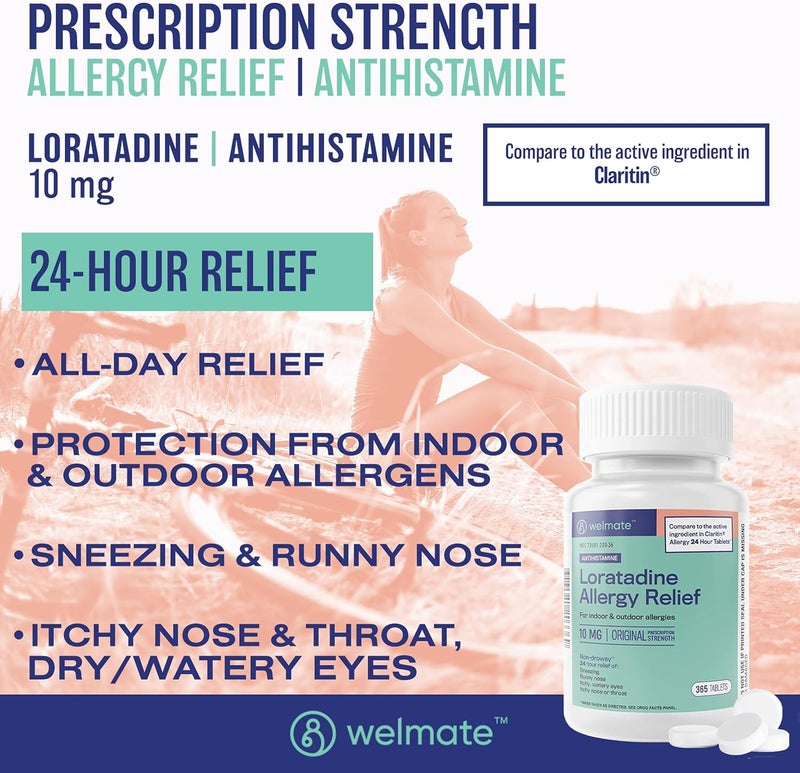 WELMATE  Allergy Relief  Loratadine 10 mg  24 Hour Relief Antihistamine  Non Drowsy  Runny Nose  Sneezing  Itchy Nose  Throat  Watery Eyes  Indoor  Outdoor Allergy Medication  365 Count - Image 2