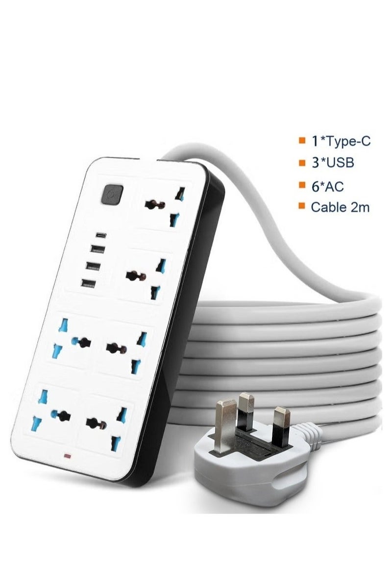 2 متر الامتداد الشامل الرصاص مع متعدد الوظائف المملكة المتحدة القابس 3 دبوس منفذ مع 6 عصابة 3 USB منفذ 1 Type-C منفذ 2M الكهربائية مقبس قطاع من المطبخ المنزلي والمكتب 2 متر أبيض - Image 1