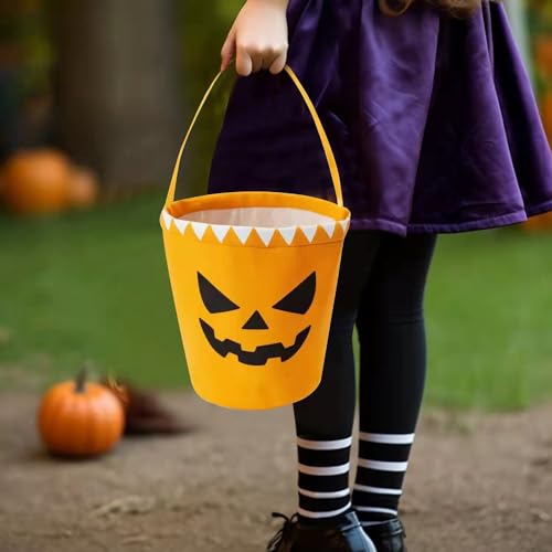 Ouksma 2 Pcs Canvas Halloween Trick or Treat Buckets Halloween Candy Snack Baskets Pumpkin Face Candy Holder with Handle for Halloween Party Favor Supplies (Pumpkin Face/Little Pumpkin) - Image 3