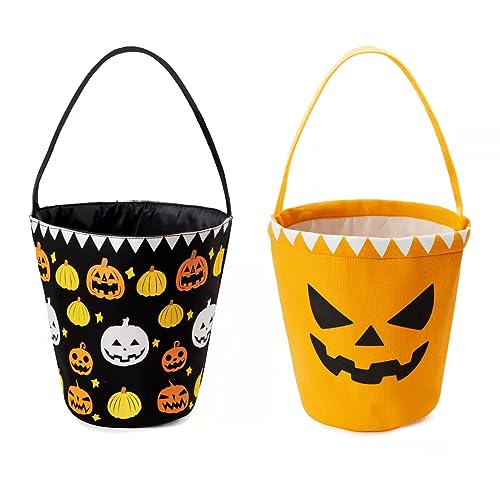 Ouksma 2 Pcs Canvas Halloween Trick or Treat Buckets Halloween Candy Snack Baskets Pumpkin Face Candy Holder with Handle for Halloween Party Favor Supplies (Pumpkin Face/Little Pumpkin) - Image 1