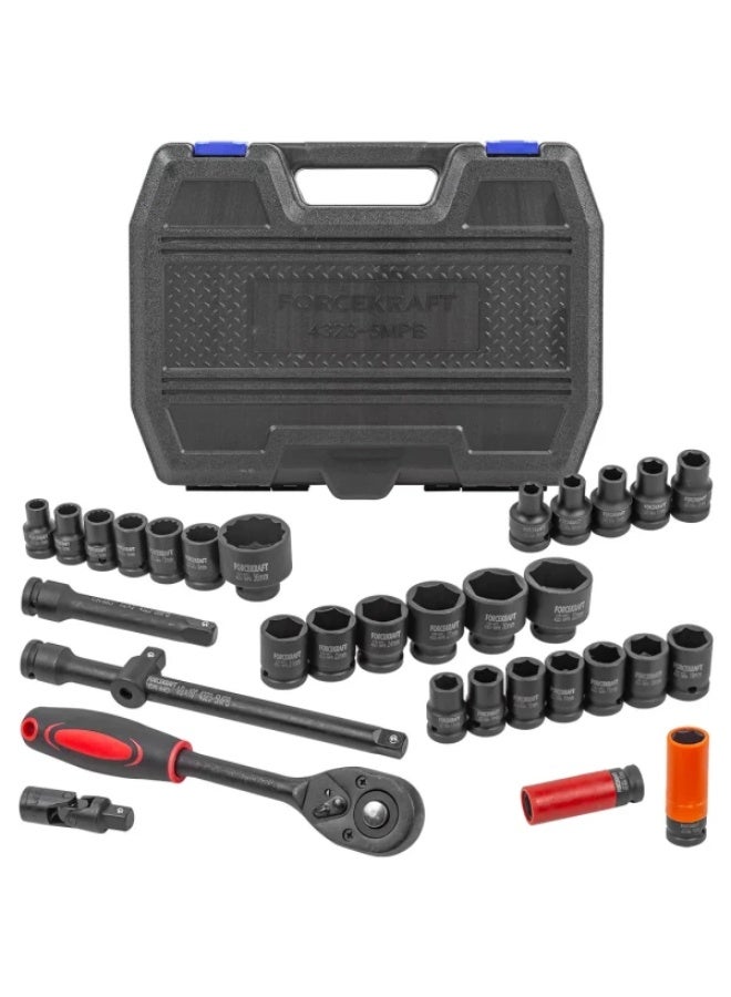 FORCEKRAFT Air Impact Socket Wretch Set 32pcs, 1/2", 6 point: 8-32mm, 12point: 10,12,14,15,17,19,36mm, Cr-Mo - Image 1