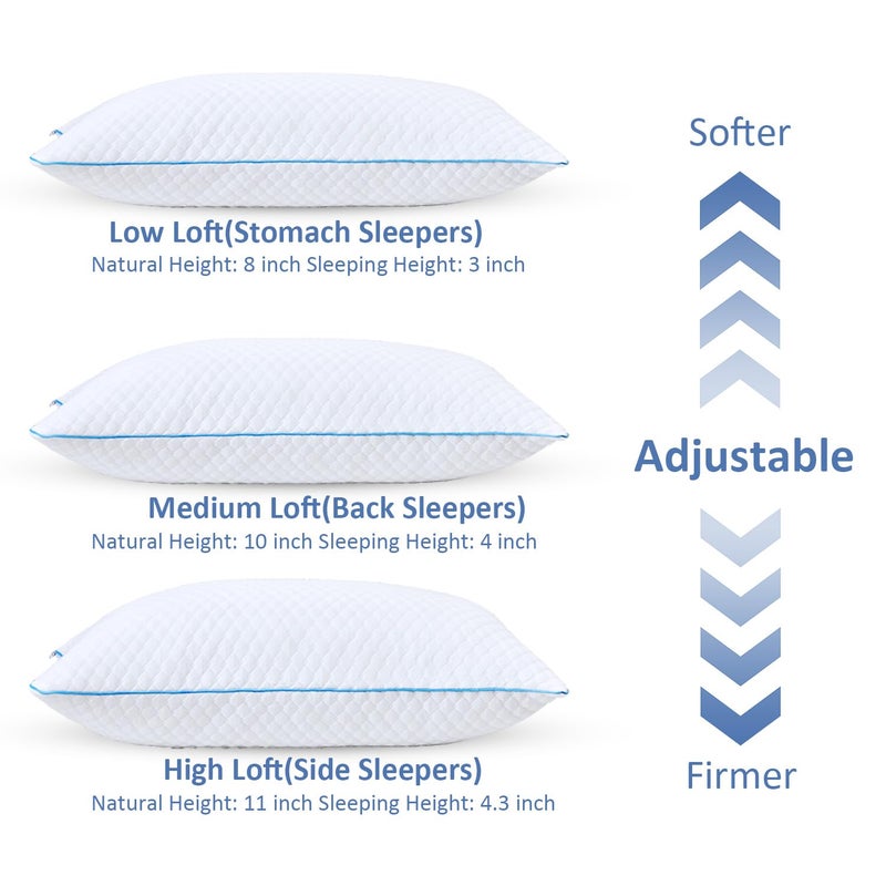 Friendriver Shredded Memory Foam Pillows for Sleeping 2 Pack - Cooling Bed Pillows Standard Size Set of 2 - Firm Pillow for Side and Back Sleepers Adjustable Gel Pillow with Removable Cover - Image 2