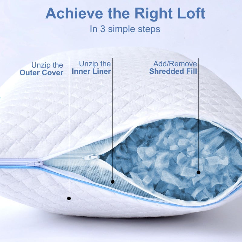 Friendriver Shredded Memory Foam Pillows for Sleeping 2 Pack - Cooling Bed Pillows Standard Size Set of 2 - Firm Pillow for Side and Back Sleepers Adjustable Gel Pillow with Removable Cover - Image 5