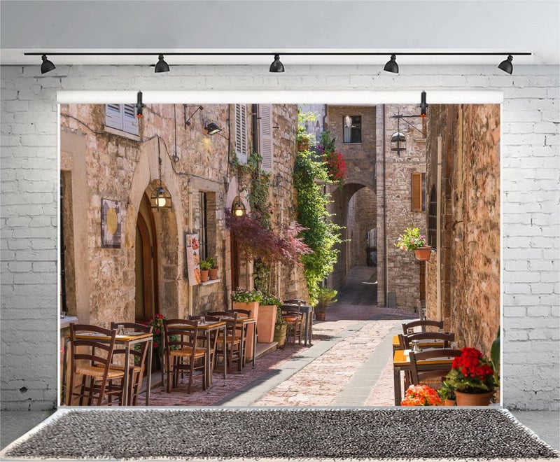 خلفية تصوير ليي 8x6 قدم خلفية زفاف إيطالية خلفية سفر أوروبية شارع وسط المدينة مقاهي مباني عتيقة أشعة الشمس شهر العسل صيف تخرج عطلة صورة بورتريه فينيل دعاية استوديو