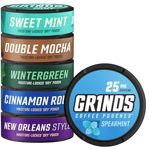 GRINDS Coffee Pouches | New 6 Can Sampler | Wintergreen, Spearmint, Cinnamon Roll | 2X Caffeine: Mocha, Sweet Mint, New Orleans | Tobacco & Nicotine Free - Image 1