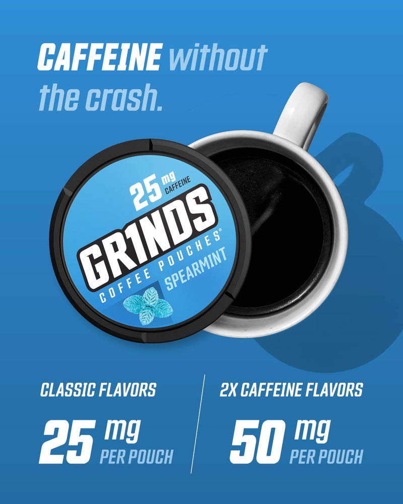 GRINDS Coffee Pouches | New 6 Can Sampler | Wintergreen, Spearmint, Cinnamon Roll | 2X Caffeine: Mocha, Sweet Mint, New Orleans | Tobacco & Nicotine Free - Image 3