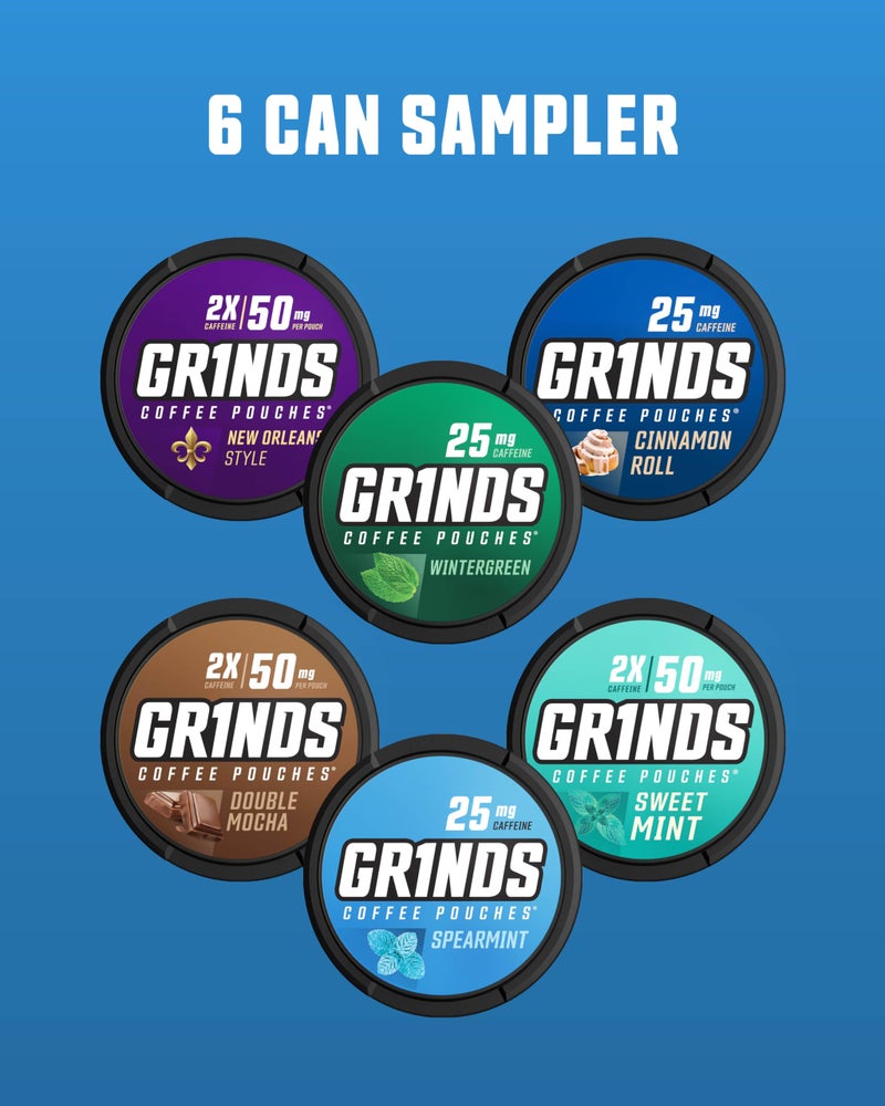 GRINDS Coffee Pouches | New 6 Can Sampler | Wintergreen, Spearmint, Cinnamon Roll | 2X Caffeine: Mocha, Sweet Mint, New Orleans | Tobacco & Nicotine Free - Image 2