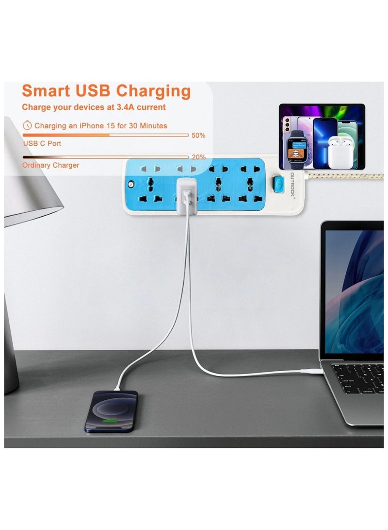 Universal 8-Outlet Power Strip – 4 UK 3-Pin Sockets & 4 Multi-Standard Outlets, 2M Extension Cord, Durable Extension Lead for Home, Office & Travel  - Image 4
